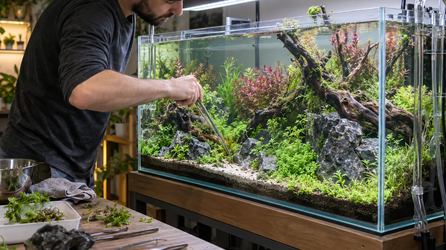 Freshwater aquarium care scene