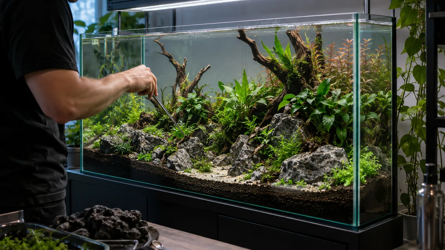 Freshwater aquarium care scene