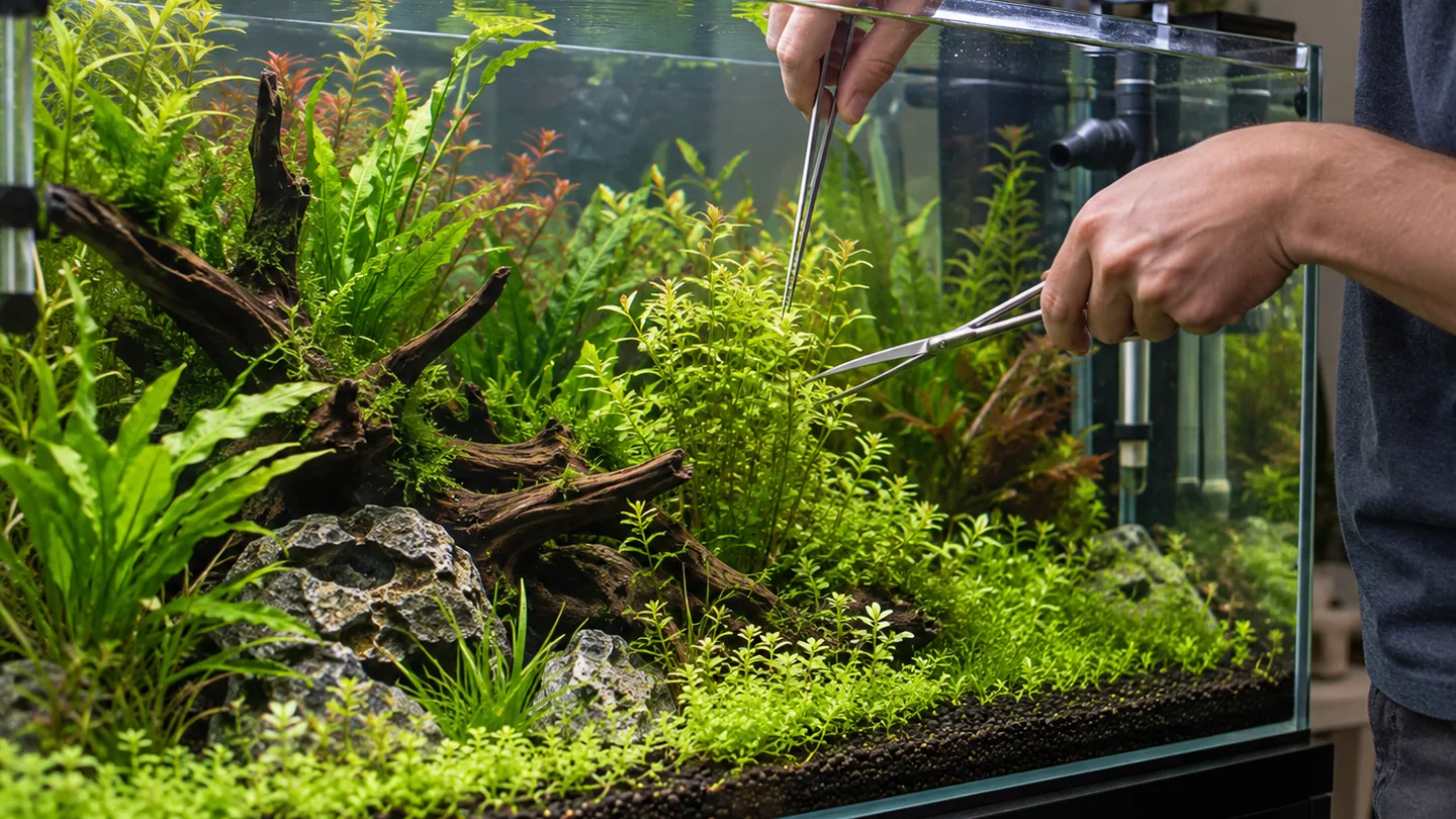 Freshwater aquarium aquascaping precision in a planted aquarium