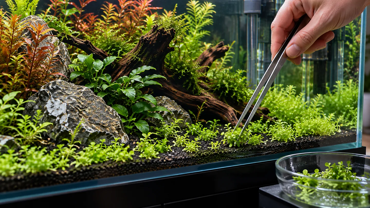 Freshwater aquarium aquascaping with tweezers