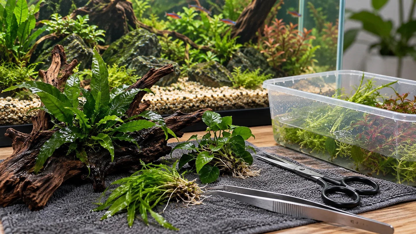 Freshwater aquarium aquascaping workbench with fresh plants