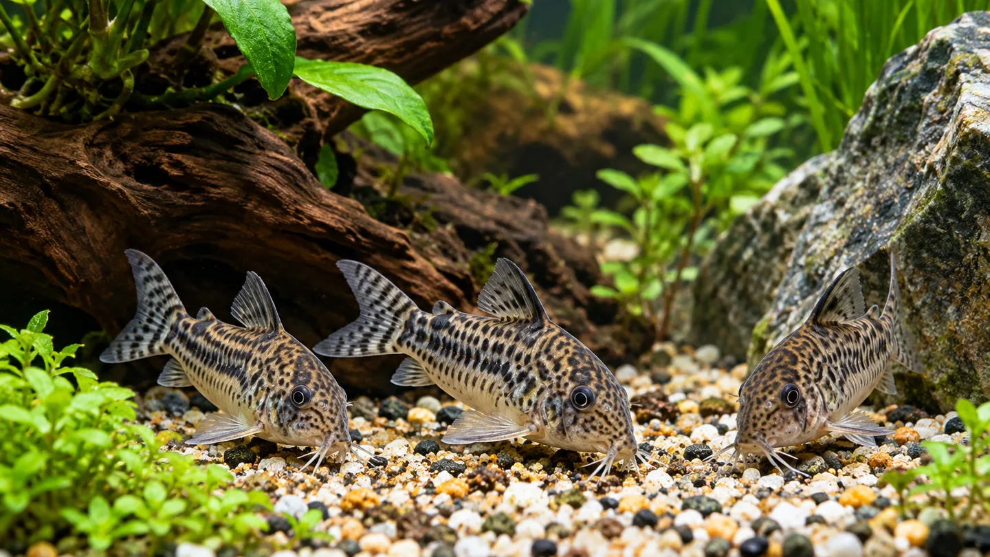 Freshwater aquarium corydoras foraging among aquatic plants