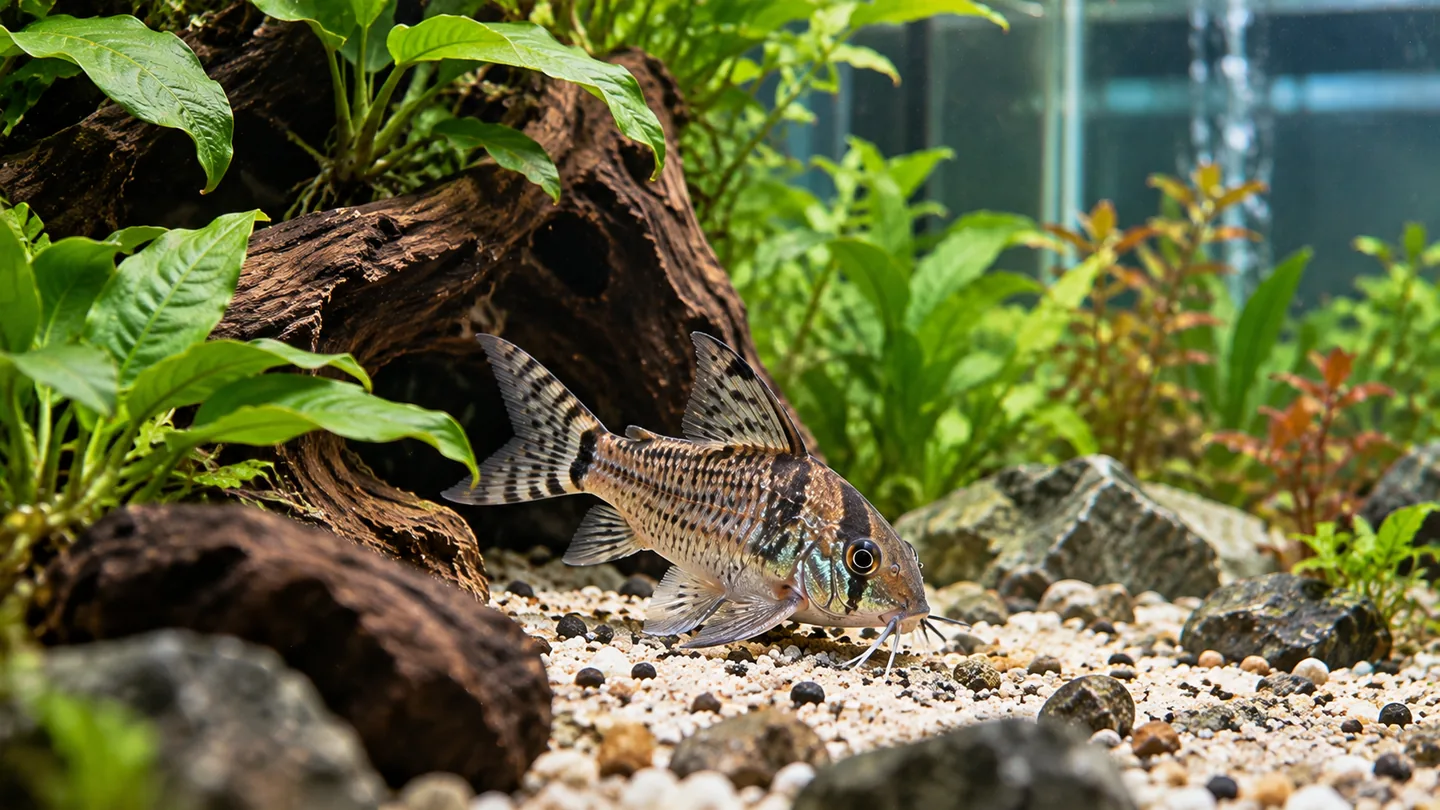 Freshwater aquarium corydoras foraging in a planted aquarium