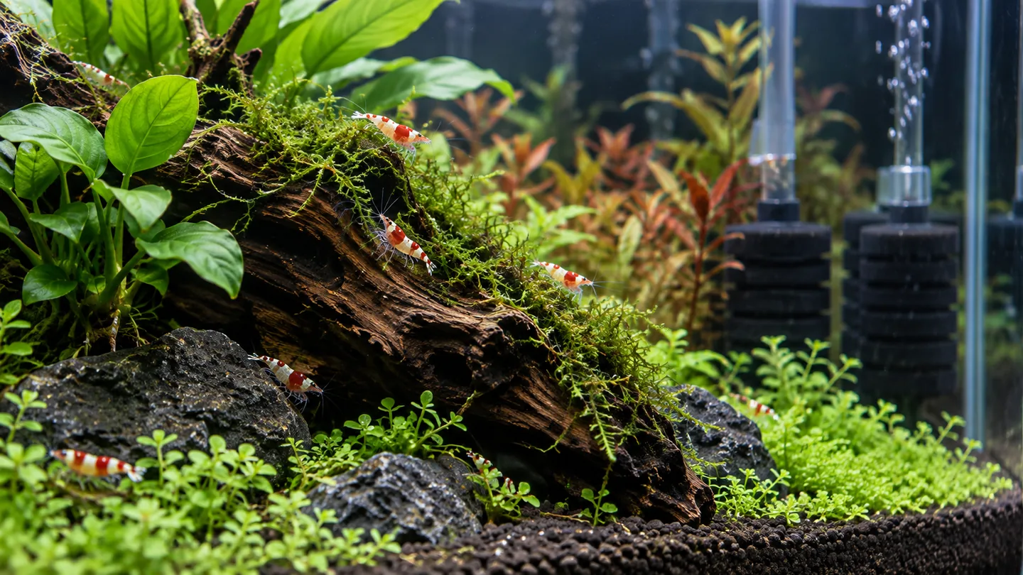 Crystal Shrimp on Mossy Driftwood