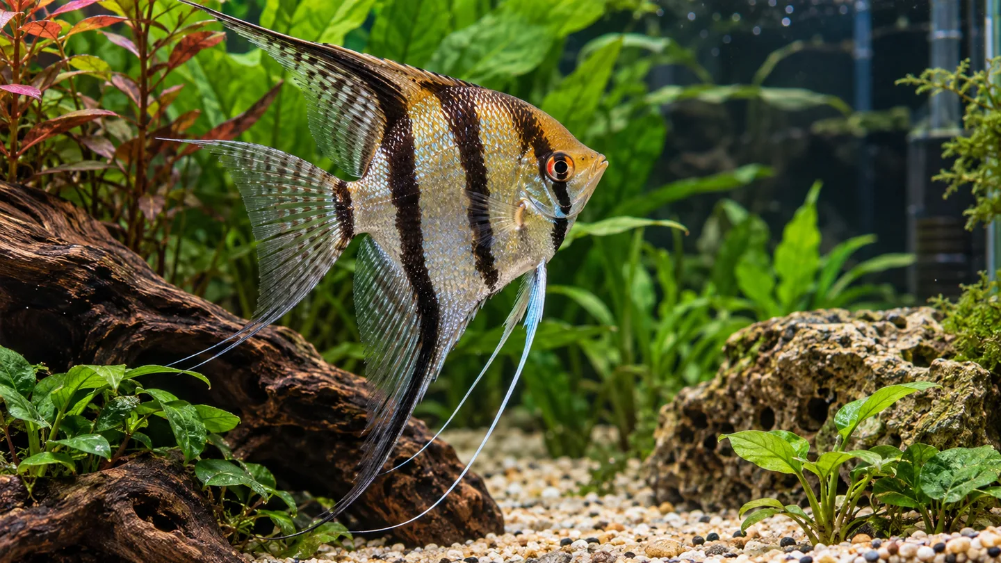 Freshwater aquarium golden-striped angelfish in planted aquarium