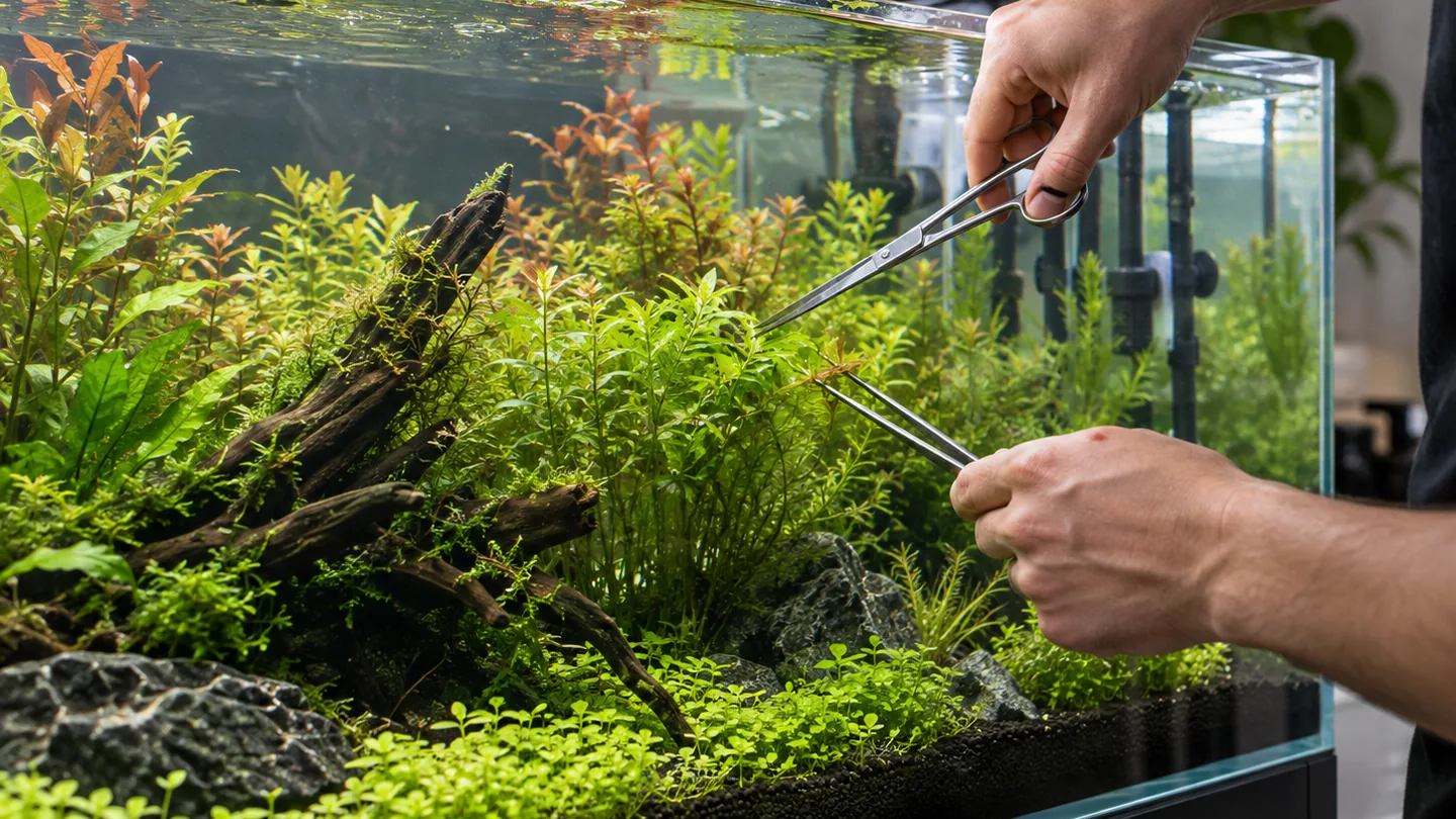 Hands Trimming a Lush Aquascape