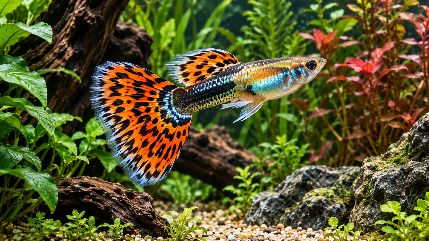 Iridescent Guppy Among Lush Aquatic Plants