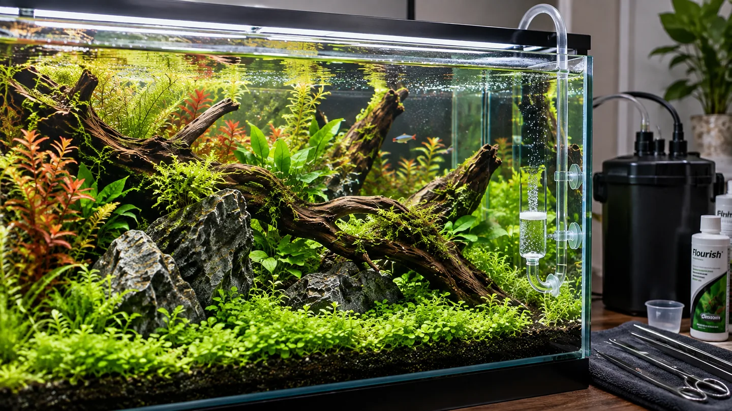 Lush aquascape with maintenance tools