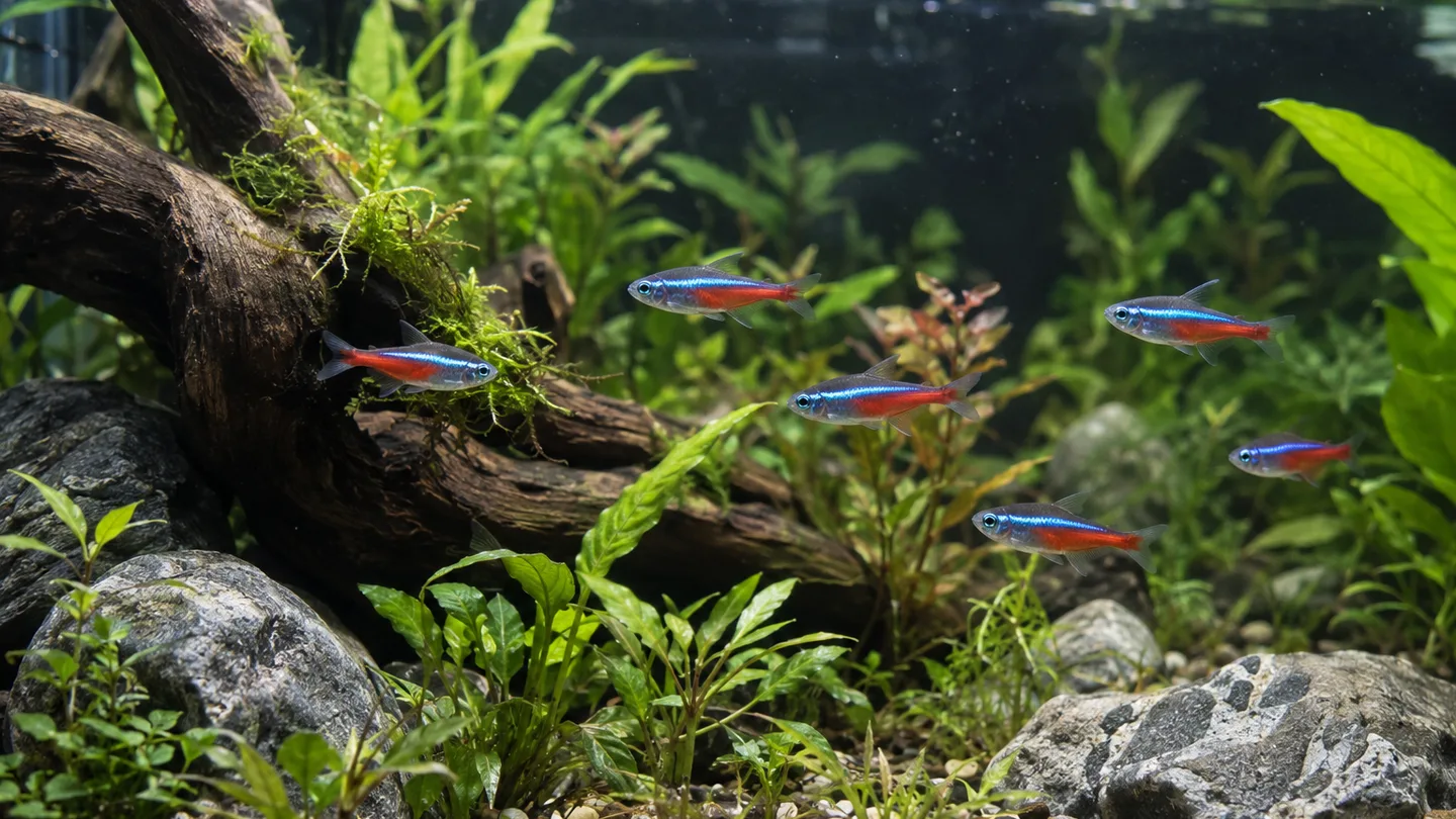Lush Driftwood Aquarium with Neon Tetras