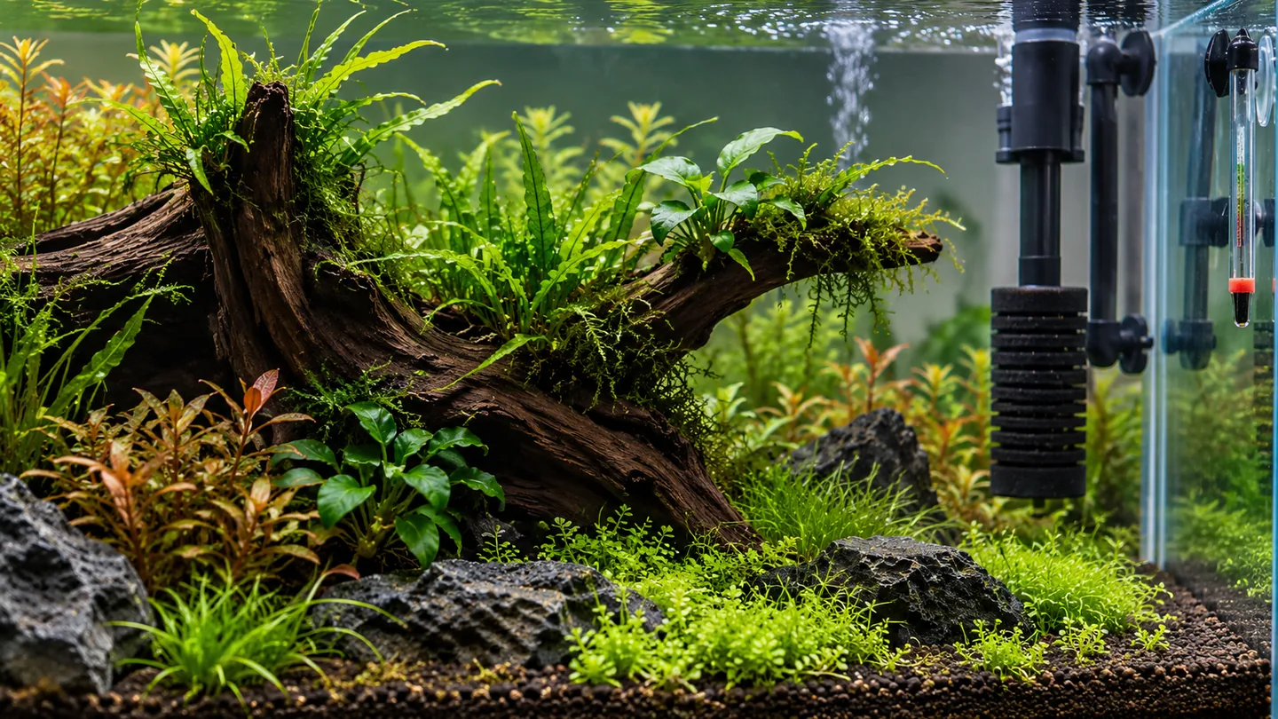 Lush Driftwood Aquascape with Aquarium Equipment