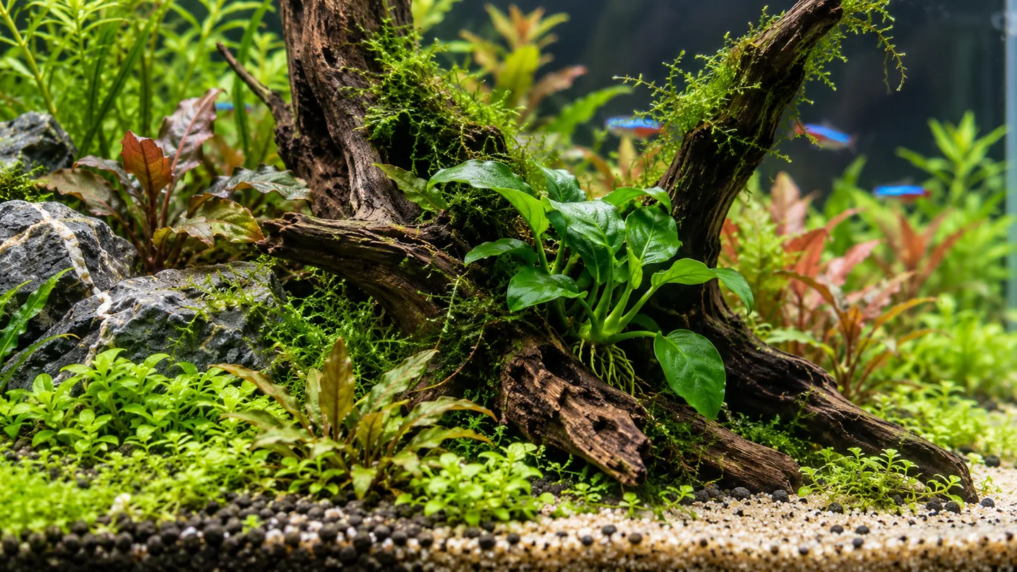 Lush Driftwood Aquascape with Moss and Fish