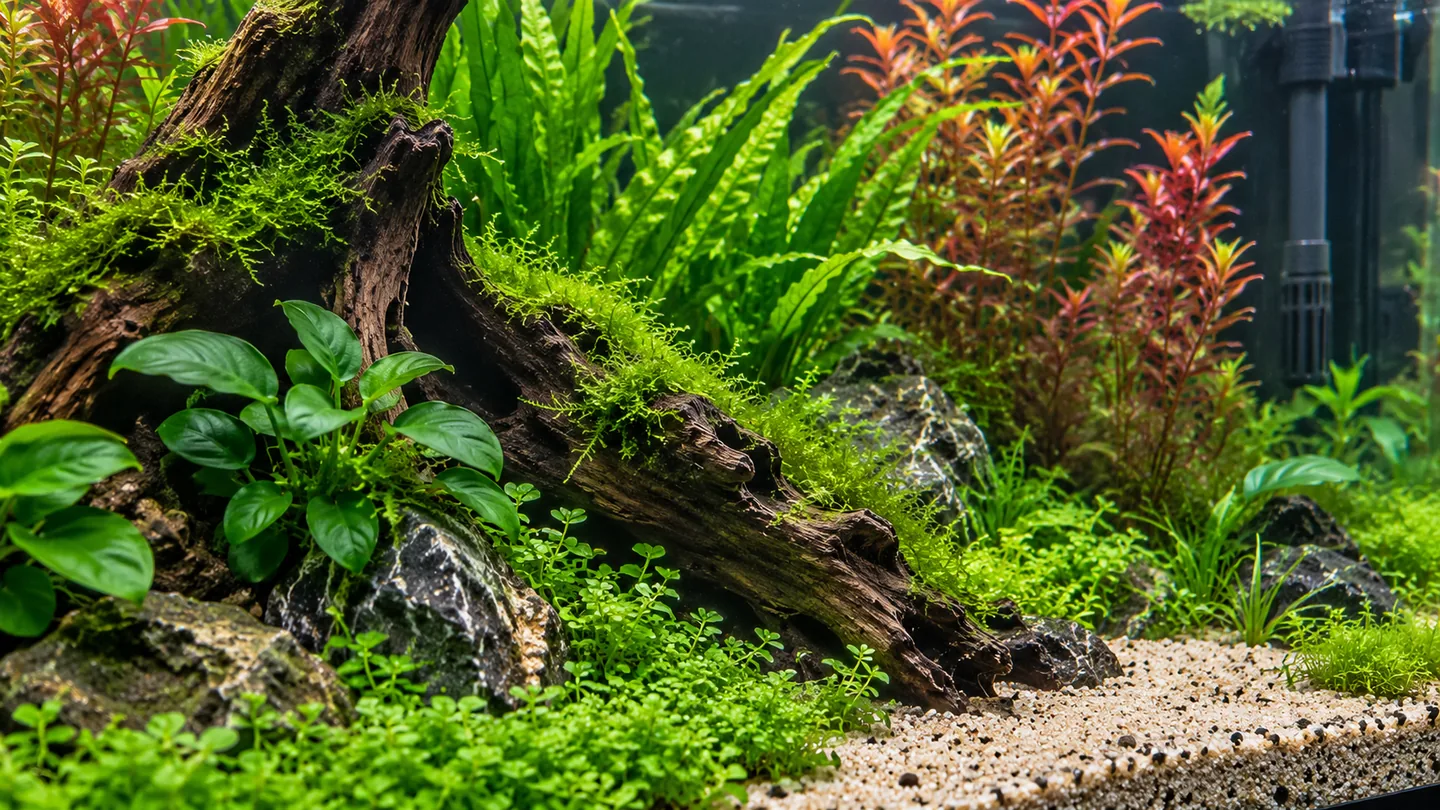 Lush Driftwood Aquascape with Vibrant Plants