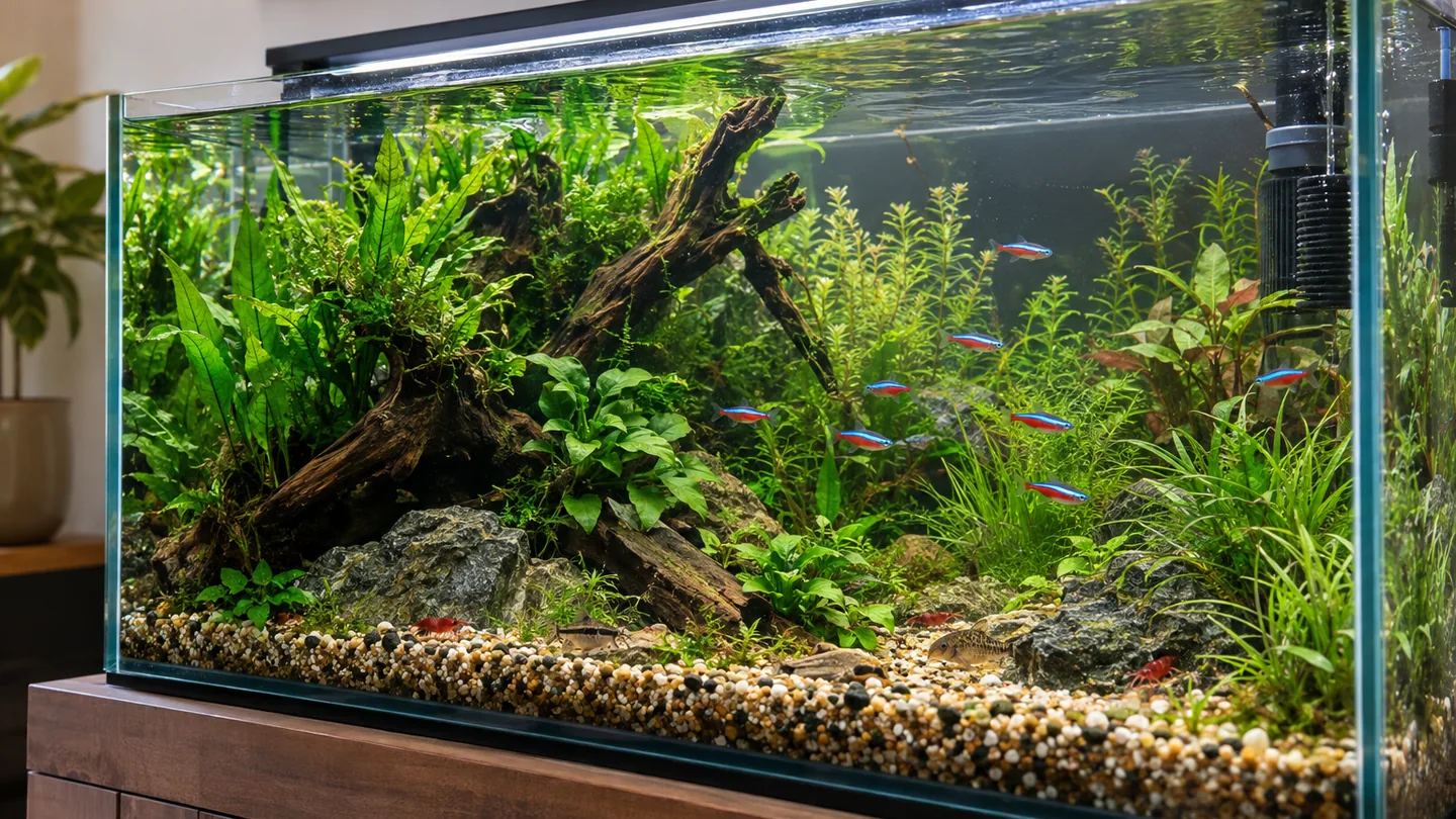 Lush planted aquarium with colourful fish