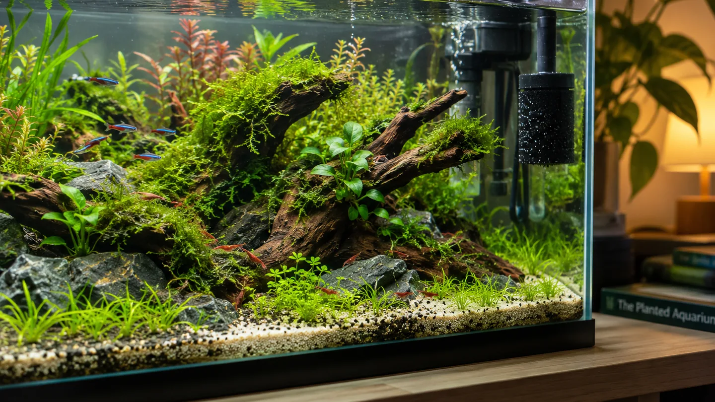 Lush Planted Aquarium with Driftwood and Shrimp