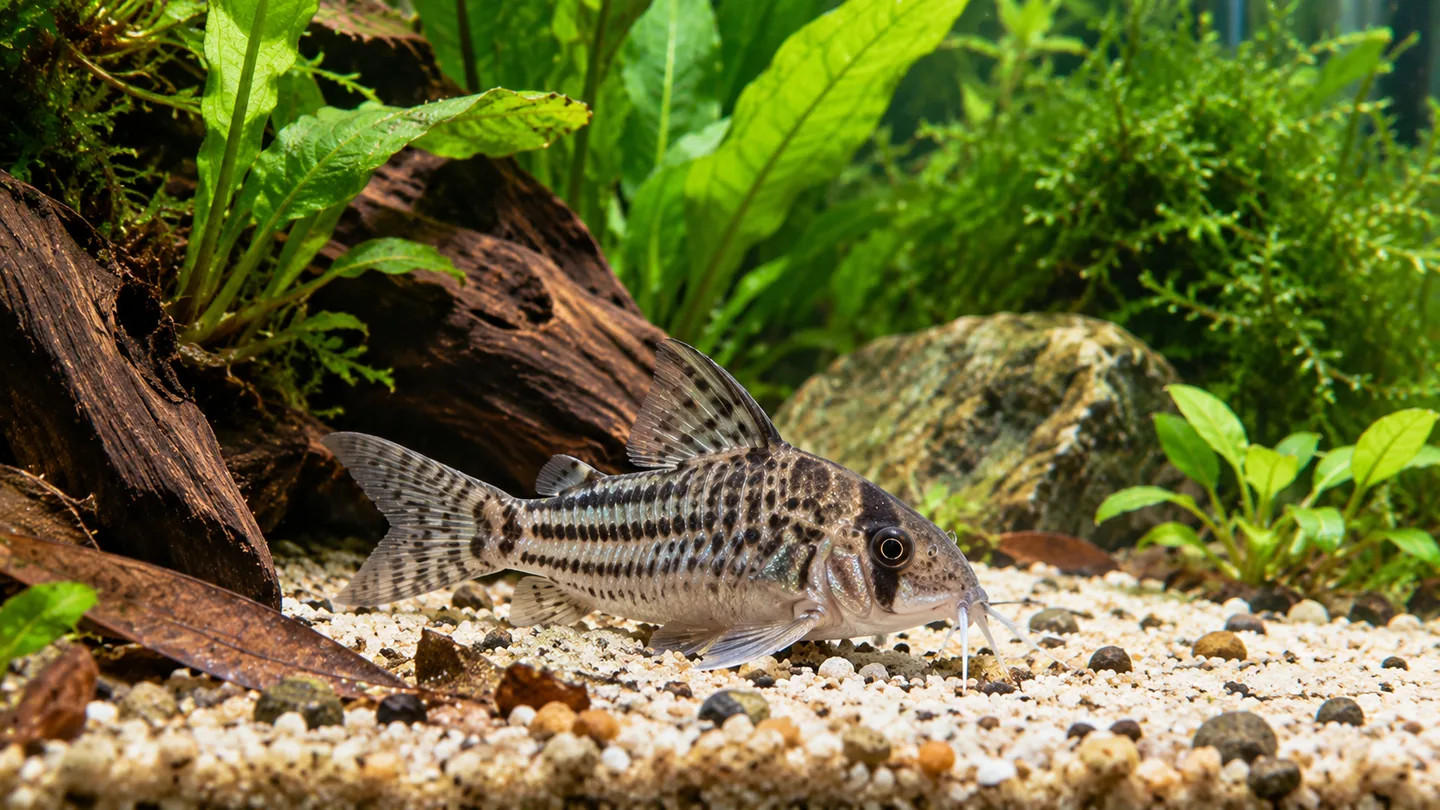Mottled Corydoras Among Lush Aquatic Plants