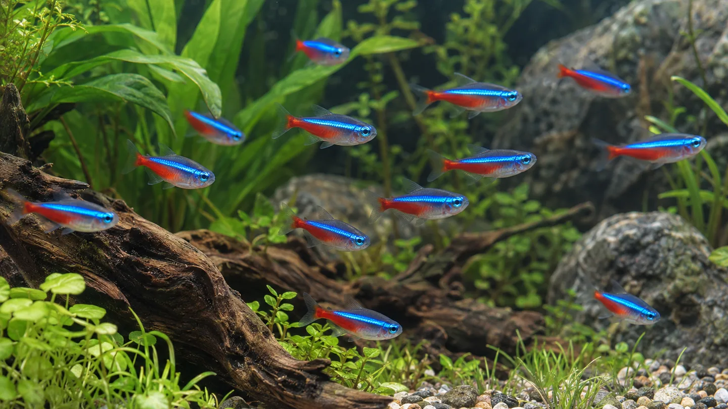 Freshwater aquarium neon tetra aquascape