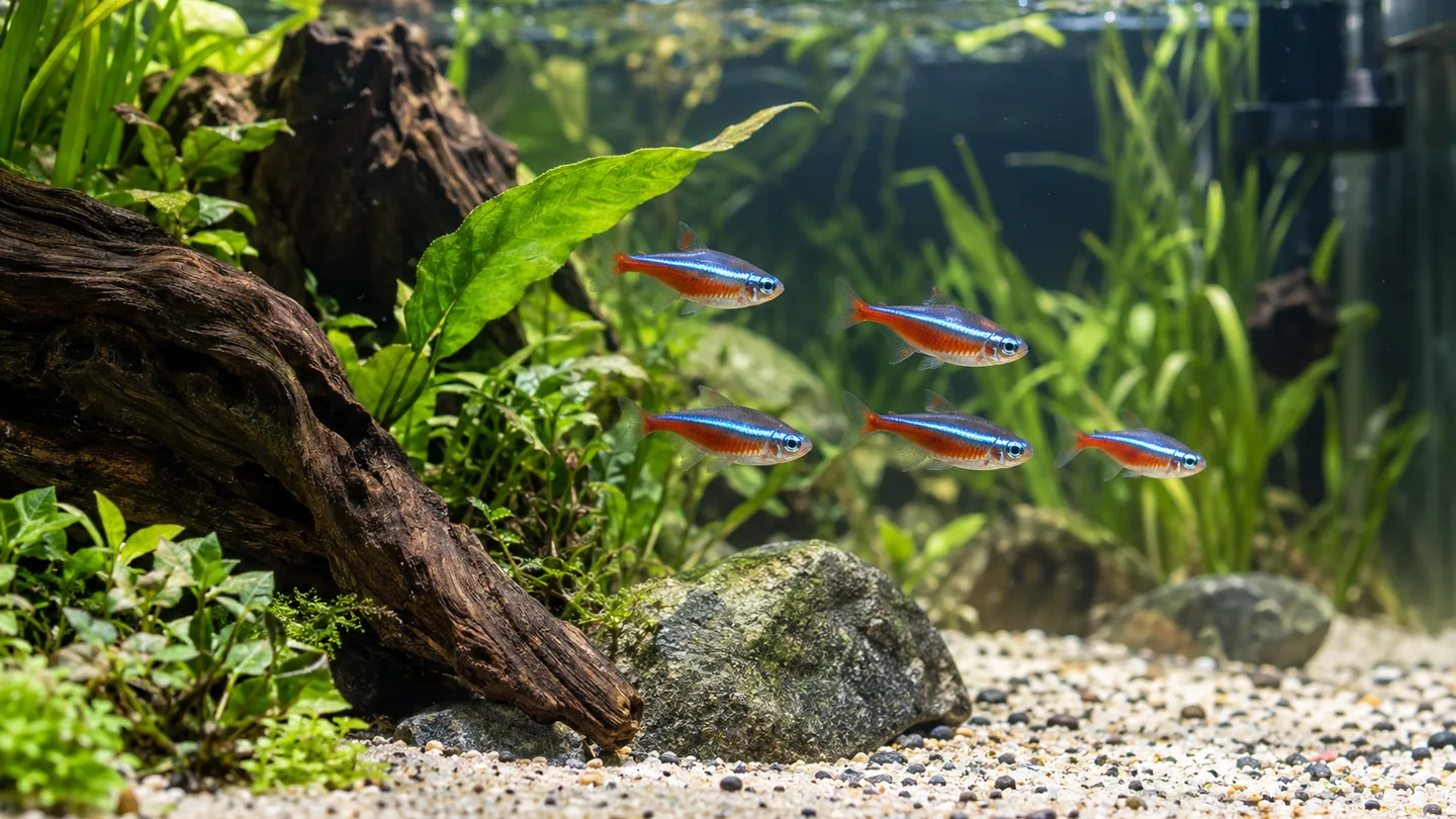 Freshwater aquarium neon tetras in a lush aquascape