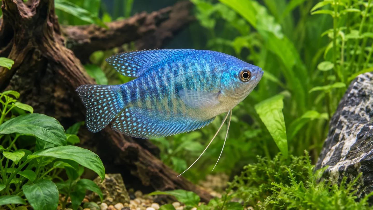 Freshwater aquarium speckled blue gourami in a planted aquarium