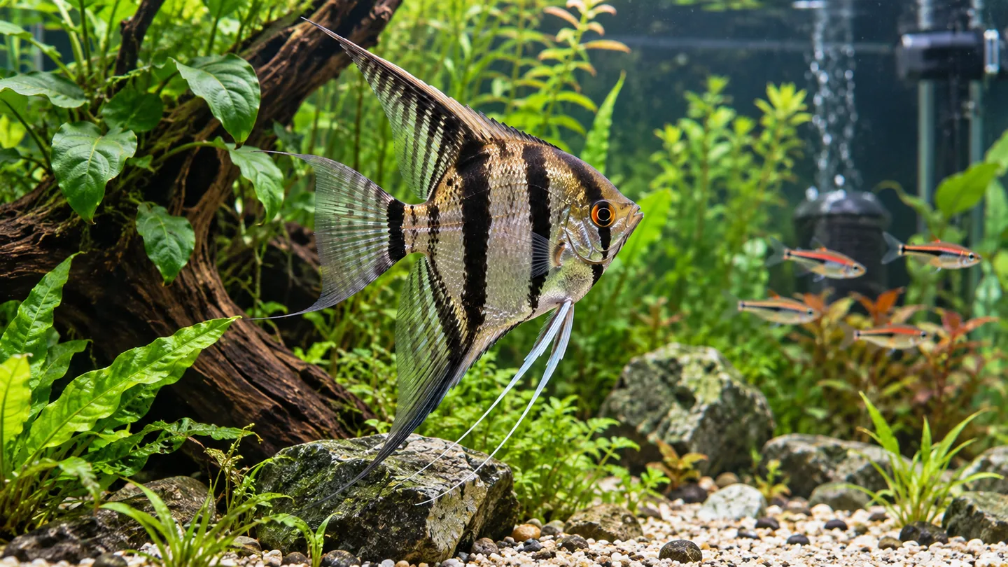 Striped Angelfish in a Lush Aquarium