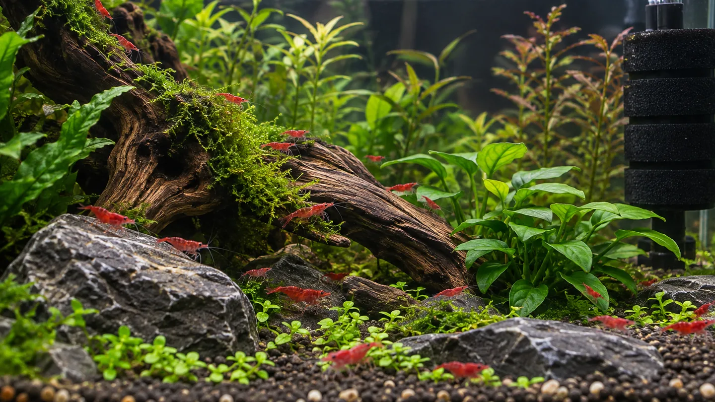 Vibrant Cherry Shrimp Aquascape