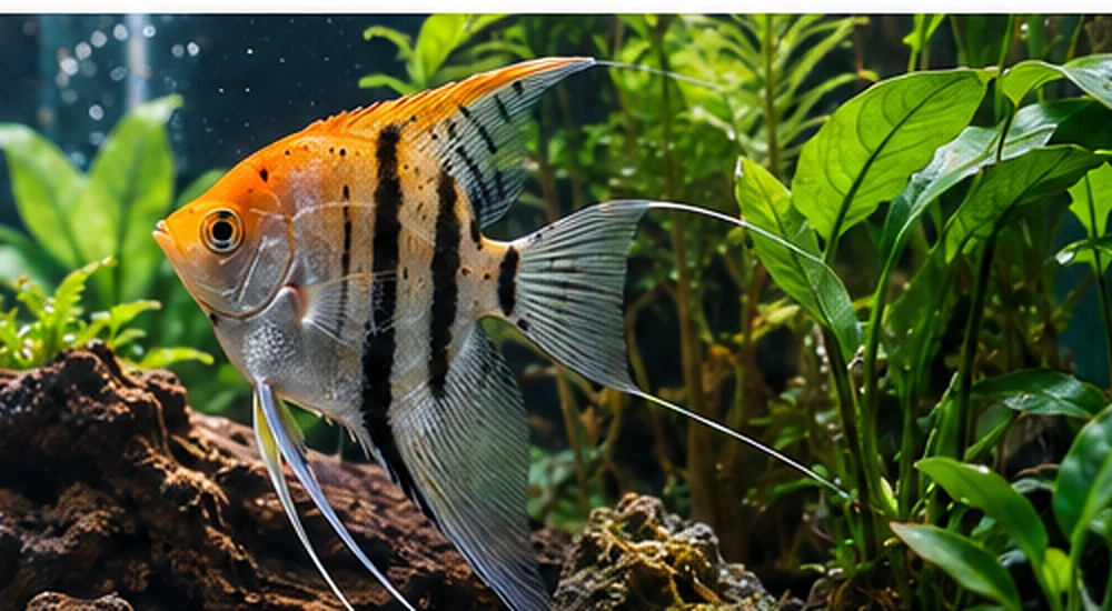Close-up photorealistic image of an angelfish in a freshwater aquascape