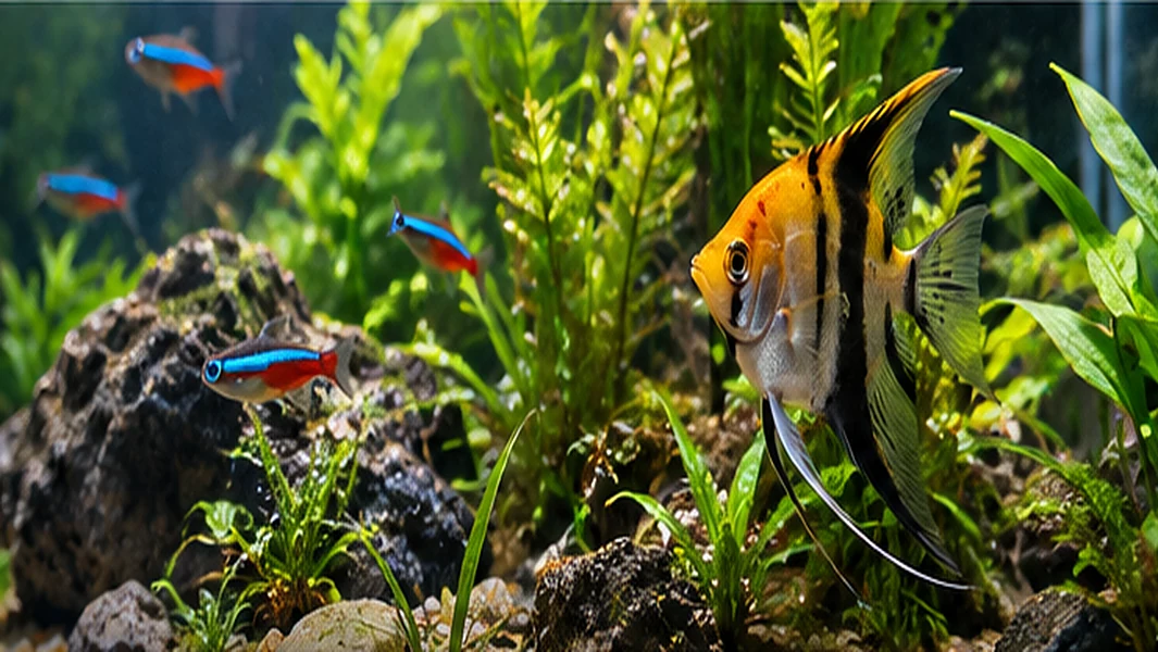 Photorealistic image of an angelfish in a planted freshwater aquarium