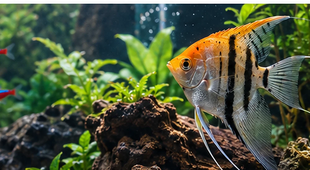 Photorealistic image of aquarium rocks, plants and tropical fish