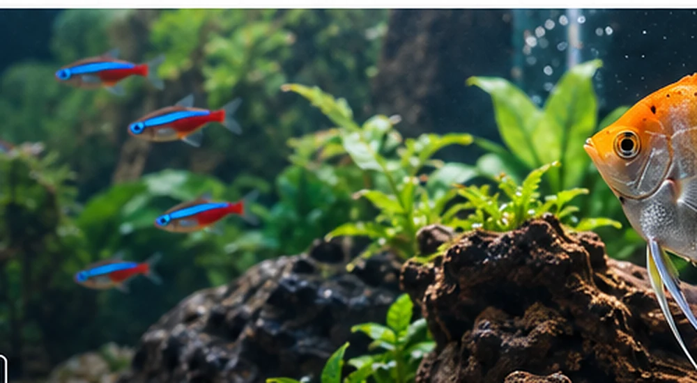 Photorealistic image of small tropical fish swimming through a planted aquascape