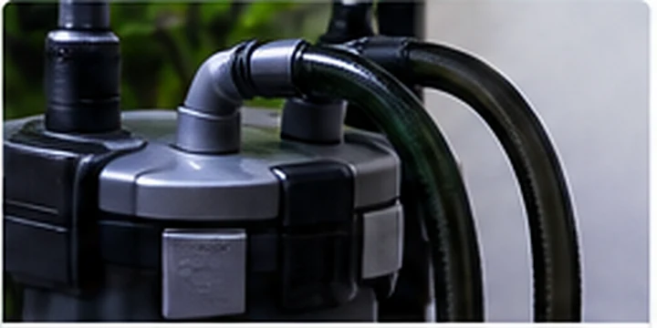 Close-up photorealistic image of aquarium filtration equipment and hoses