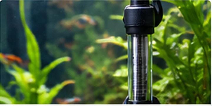Photorealistic image of a submersible aquarium heater in a planted tank